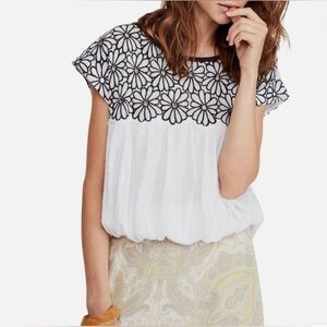 Free People Georgie Bubble Hem Embroidered Black and Cream Floral Top Size Small